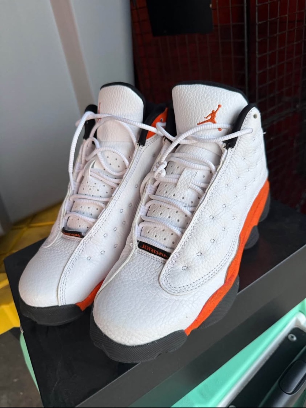 Jordan White and Orange High-Top Basketball Shoes
